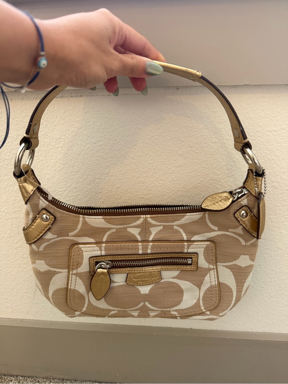 Coach Beige and White Signature Canvas Shoulder Bag with Gold Accents